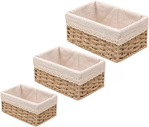 Set of 3 Woven Storage Baskets with Patterned Linen Lining and Metal Frame Rectangular Rattan Style Organizers for Home and Office