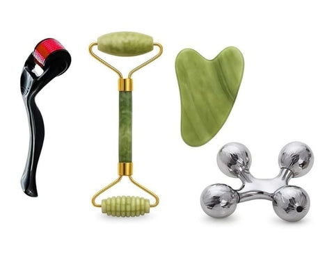 4D Manual Roller Massager with Jade Roller Set 3 in 1, 360 Rotate Full Body Massage Relaxation Tool, Derma Roller & Gua Sha Stone – Anti-Aging Beauty Set for Face & Full Body