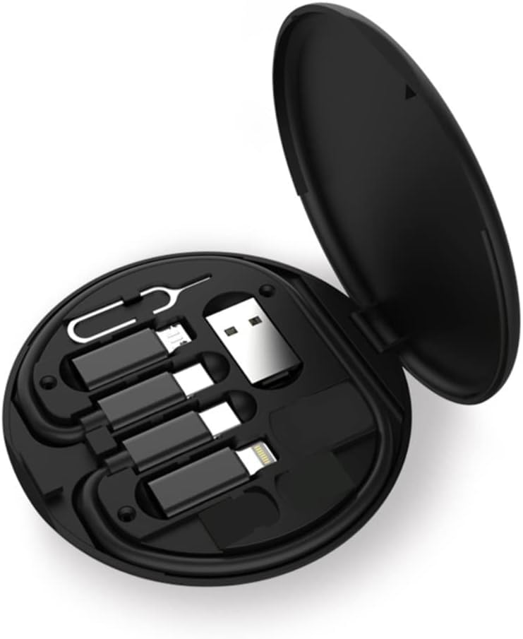 Multi-Function Fast Charging Data Cable Kit with Round Storage Case, compatible with iOS, Android and Type-C Devices, Portable Travel USB Adapter Set with SIM Card Pin