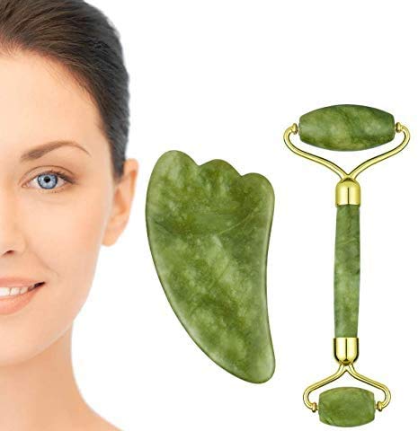 LEONMAR Best Jade Roller - Ultimate Skin Care Solution for Anti-Aging & Anti-Wrinkle - 100% Natural Jade Stone Face Roller Gua Sha Scrapping Tool Set for Neck & Puffy Eyes Massager