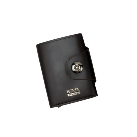 Men's Leather Trifold Wallet with Metal Button External Card Holder Large Capacity for Cards and Money (Dark Brown)