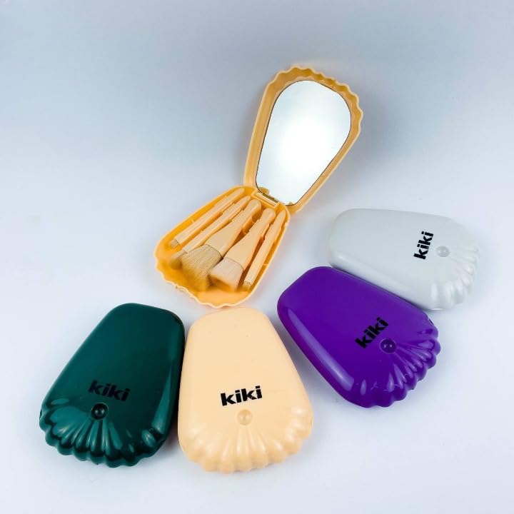 Kiki | Seashell-shaped makeup brush set Professional Travel Makeup Brush Set with Mirror | Small portable makeup brush bag Women's Face and Eye Blush and Lip Gloss (Color May Vary)