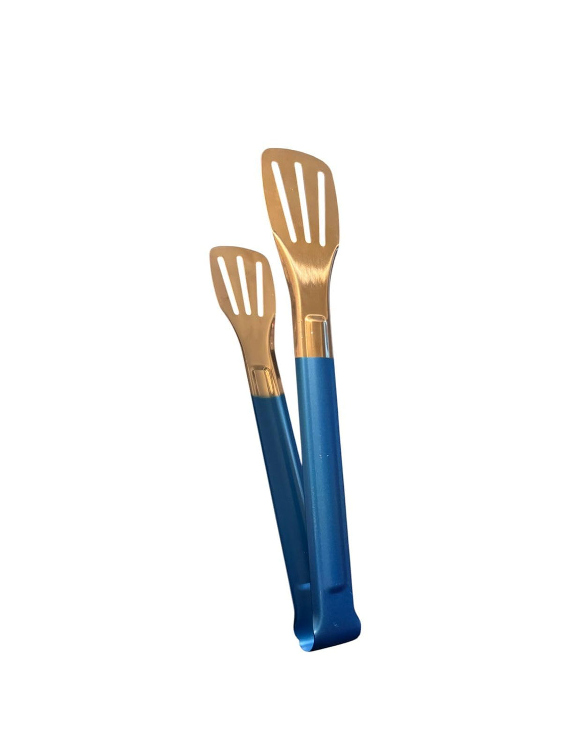 Downtown Stainless steel food tongs in golden color for barbecue, serving food, desserts and buffets (blue handle)