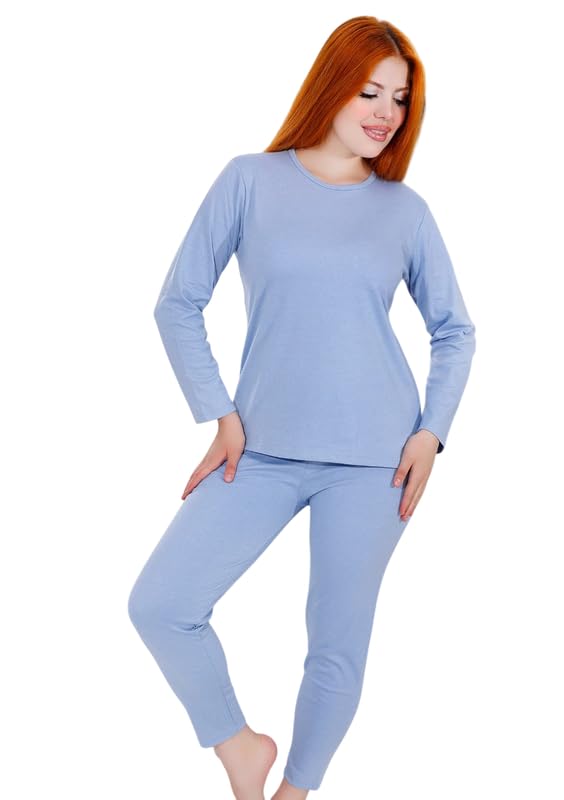 Women's Thermal Pajama Set by Na3om - Soft Cotton Interlock Winter Warm 2 Piece Long Sleeve Loungewear, Comfortable Sleepwear Top & Pants, Size XL-5XL