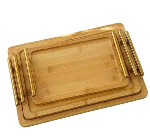 Gold Handle Trays - Premium Bamboo Serving Tray Set, 3-Piece Wooden Collection with Natural Finish for Everyday and Formal Use