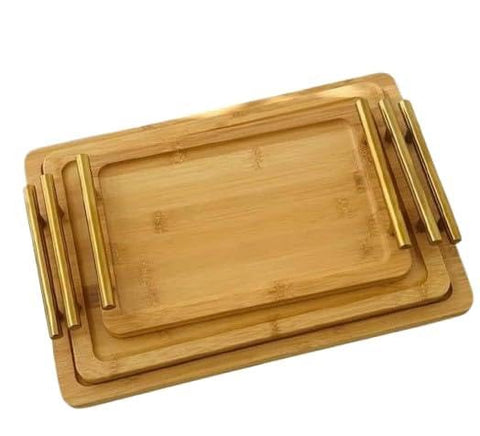 Bamboo Tray Set - Wooden Serving Trays with Gold Stainless Steel Handles, 3-Piece Luxury Design for Daily Use and Special Occasions