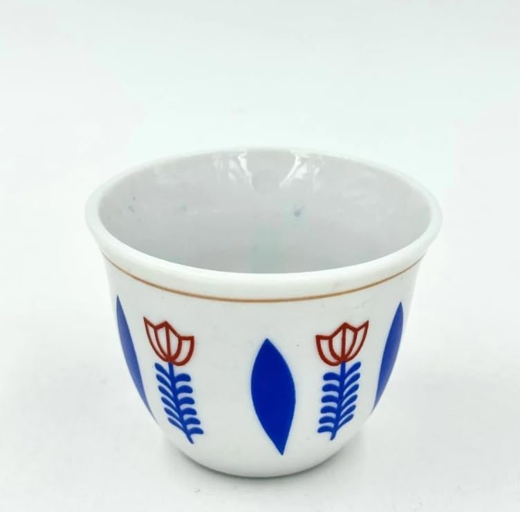 Arabic Coffee Cup Set with Floral Design, White Ceramic with Teal and Blue Pattern, 12 Piece Set
