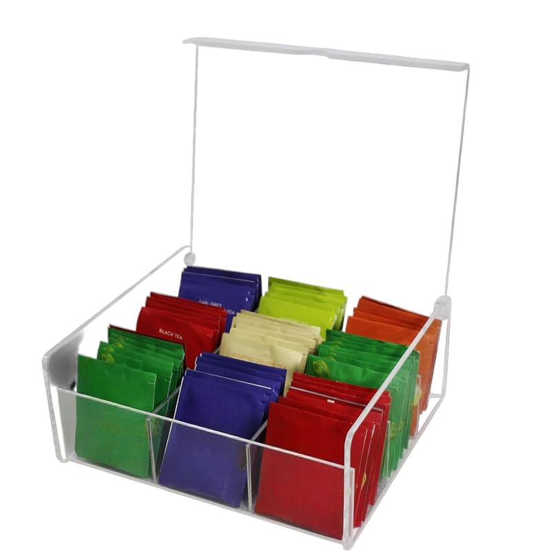 BEST MEDIA Acrylic Tea Bag Organizer Box, Clear Storage Case with Lid and 9 Compartments for Tea Bags, Packets, Condiments, or Crafts, Elegant Countertop Organizer for Kitchen or Office
