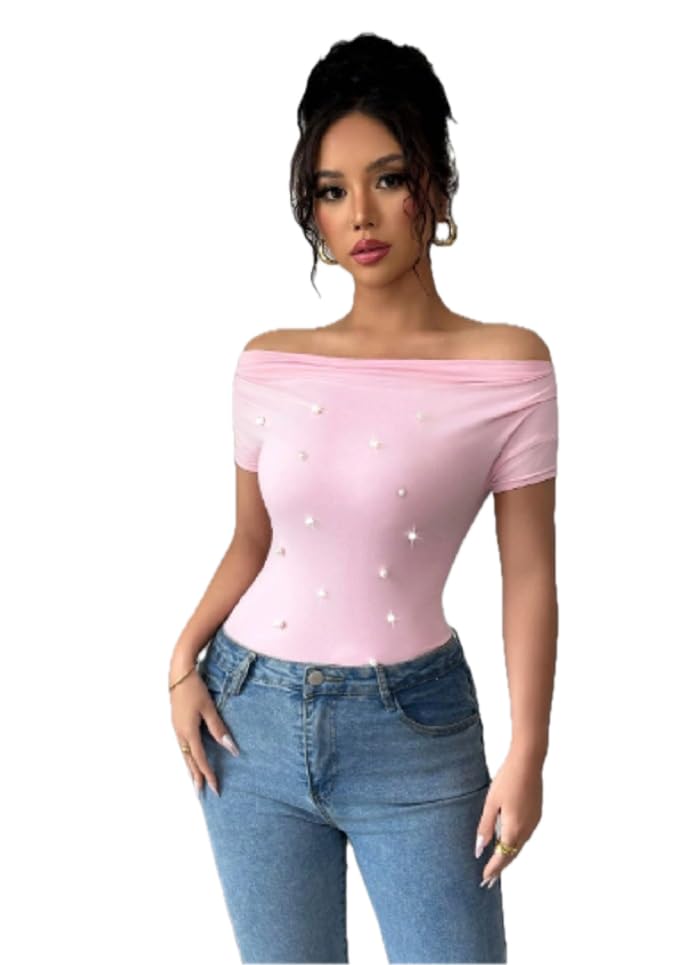 Women's Off Shoulder Pearl Embellished T-Shirt, Short Sleeve, Pink, Slim Fit, Semi-Sheer