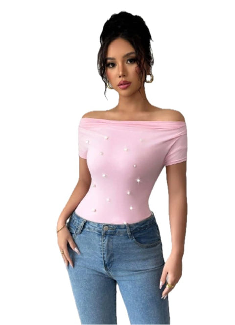 Women's Off Shoulder Pearl Embellished T-Shirt, Short Sleeve, Pink, Slim Fit, Semi-Sheer