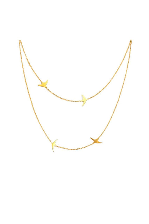 Dainty Gold Layered Bird Necklace, Double Chain Design with Flying Birds Charm