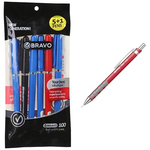 Bravo Stationery Bundle: 100 Ballpoint Pen 6-Pack + Rotring Mechanical Pencil 0.5mm Red