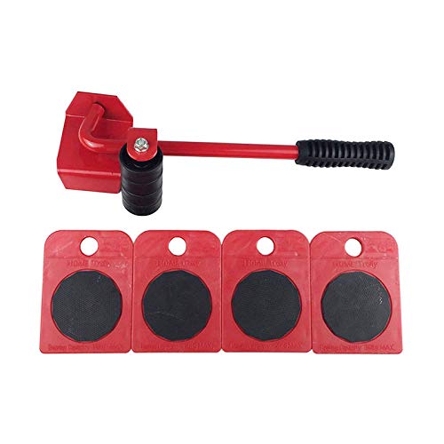 Heavy Furniture Moving Tool 1pc Crowbar with 4pcs Panel Furniture Mover Lifter Wheels System Home Trolley Lift Transport Set (Red)