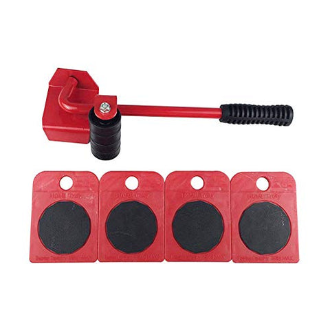 Heavy Furniture Moving Tool 1pc Crowbar with 4pcs Panel Furniture Mover Lifter Wheels System Home Trolley Lift Transport Set (Red)