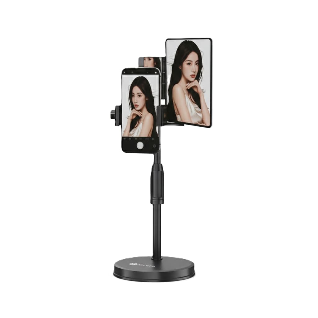 Nopatia Desktop Phone Stand with Built-in Makeup Mirror Foldable Adjustable Telescopic Heavy Base for iPhone 15 14 Pro Max Samsung Galaxy S24 Live Streaming TikTok