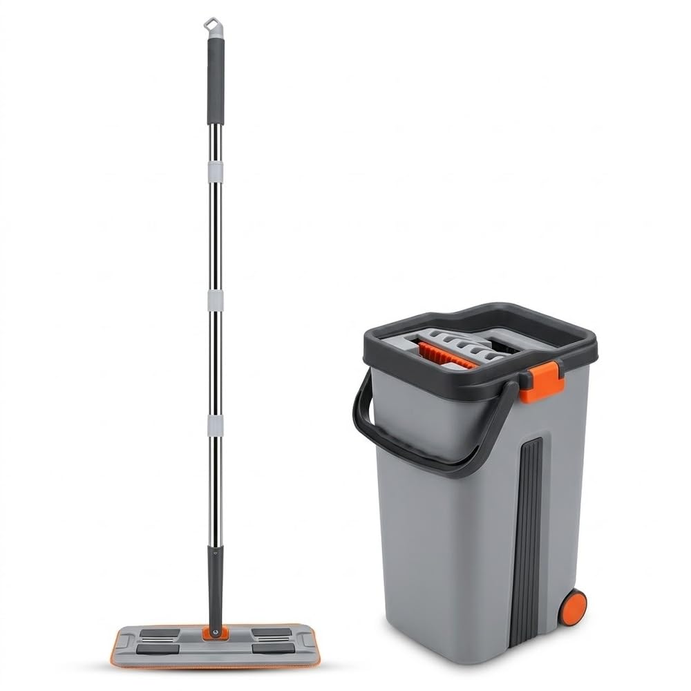 Flat Mop Bucket with Self-Cleaning Wringer & Rolling Wheel - Gray - 115-325