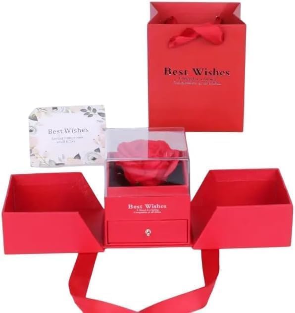 NUBIAA Rose for Women, Beauty and the Beast Rose Jewellery Gift Box in Stabilized Flower Never Withered Flower, Father's Day, Women's Day, Anniversary, Wedding, Birthday Gift (RED)