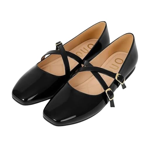 Women's Mary Jane Flat Shoes, Patent Leather, Square Toe, Cross Strap with Buckle-P0001