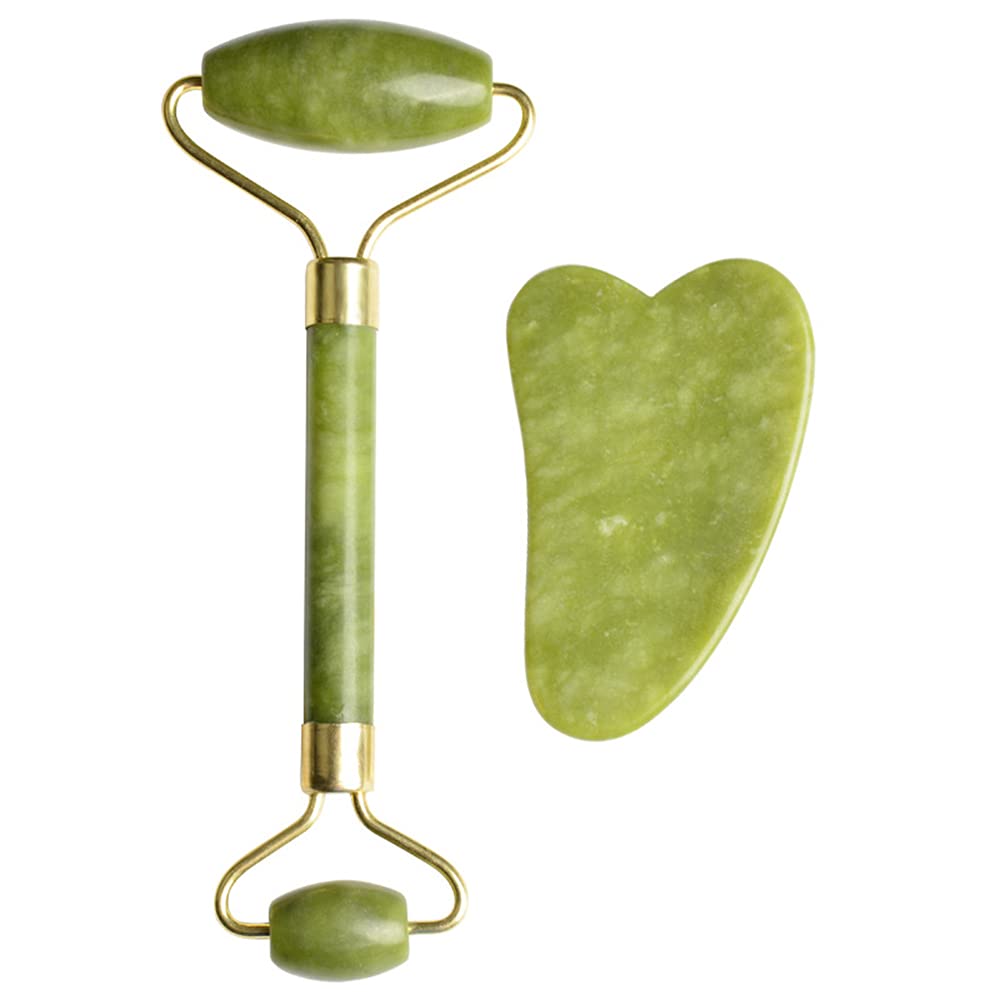 yiyifu 2 in 1 Jade Roller and Gua Sha Set 100% All-Natural Jade Facial Roller for Facial Massage, Face Lift, Anti-Wrinkles