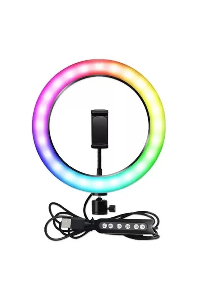 رينج لايت MJ30 مع حامل ثلاثي، RGB LED، إضاءة ناعمة، قابلية التعتيم، دوران 360°، تصميم مريح
