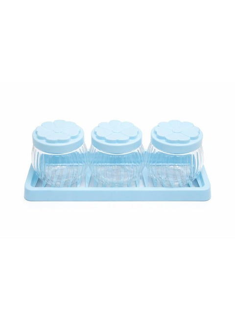 3-Piece Clear Spice and Seasoning Jar Set with Floral Lids and Organizer Tray - Light Blue