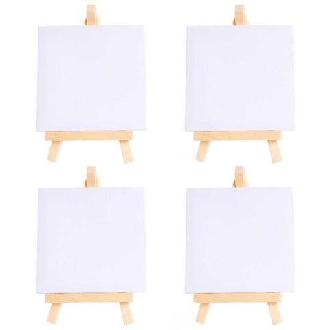 4 Pack Mini Canvas with Wooden Easel, 4x4 Inch White Blank Canvas Panels Small Painting Canvas with Tripod Wooden Display Stand for Acrylic, Oil and Gouache Painting