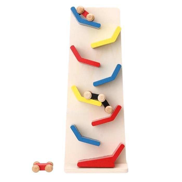 Slide-On Wooden Racing Car Toy - Mini Zigzag Car Toy with 8 Permanently Fixed Sloping Tracks.