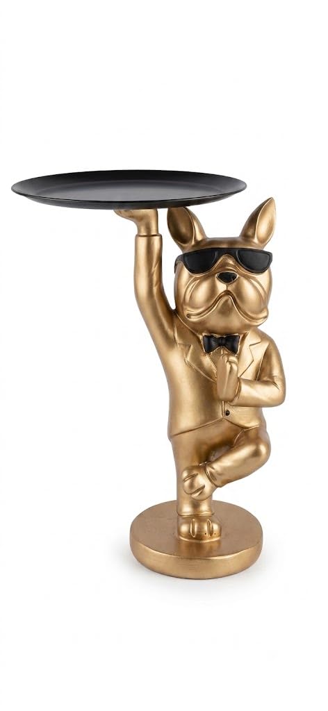 Copper French Bulldog Butler Statue with Tray, Resin Figurine, Decorative Accent, Novelty Home Décor, Sculpture
