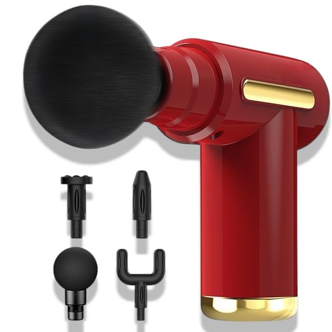 Mini Massage Gun Muscle Device Portable 35dB Ultra Quiet with 6 Speeds 4 Heads USB C Charging Port Hand Massager for Leg, Neck, Shoulder Battery Operated (Red)