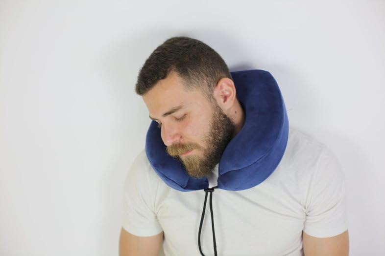 Travel Neck Memory Foam Elevated Neck Support for Airplane, Car, Comfortable Travel Pillow with Soft Plush Cover, Max Comfort (Navy)