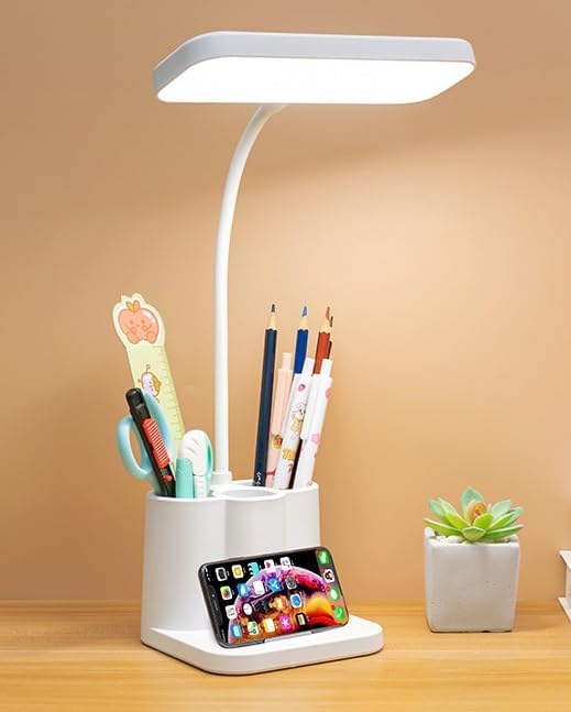 TEKCOOL Acrylonitrile Butadiene Styrene 3 Color Table Lamp Rechargeable for Study with Phone Holder Flexible Arm Touch Light with Stepless Dimming, Desk Lamps with Pen Holder, White