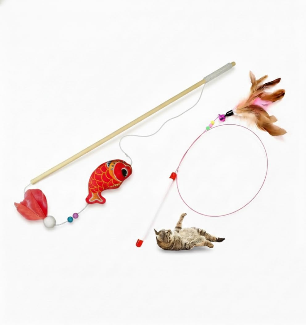 2 in 1 Cat Toy Set – Interactive Feather Wand + Fun Fish Wand – Encourage Motion & Amusement Without Boredom