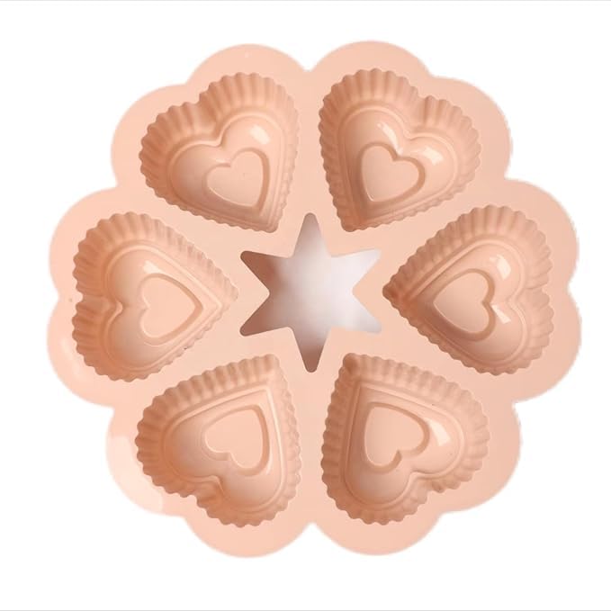 Silicone Cake Pan With 6 Cups Molds | Non Stick Heart Shape Baking Pan With Handle | BPA Free Oven Safe Reusable Bakeware For Cakes Muffins Parties & Events (Pink)
