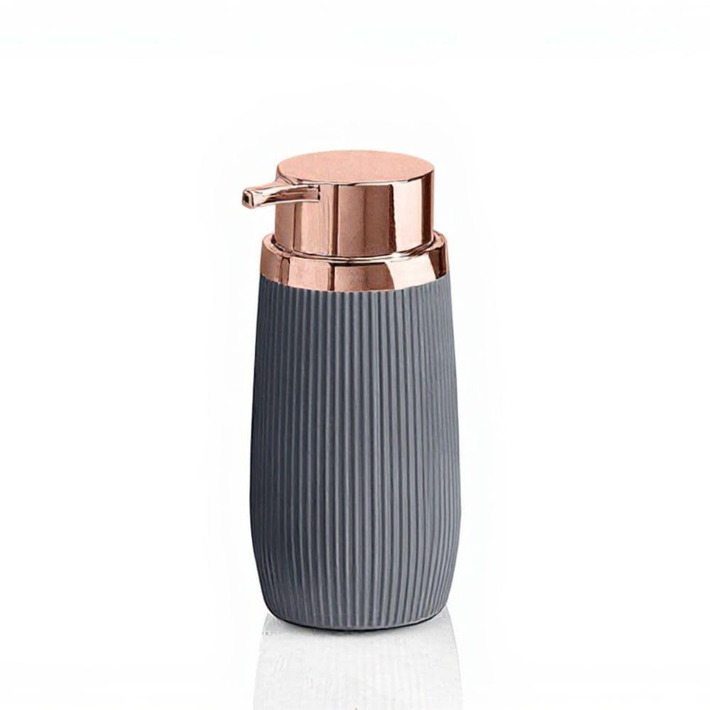 Acrylic Striped Soap Dispenser, 300 ml Refillable Hand Soap or Lotion Dispenser with Bronze Pump Head, Stylish Bathroom & Kitchen Accessory, 8W × 15.8H cm (Grey)