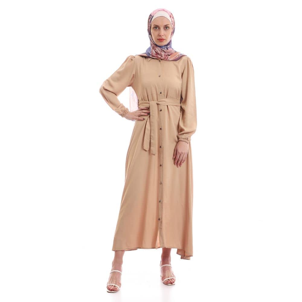 Turn Down Collar Simple Buttoned Beige Dress