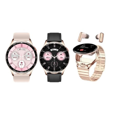 HainTeko ST 9 Waterproof Smart watch with Earphone Gold with 3 pair Strap and Wireless Charger For Ladies, Womens Round Smartwatch