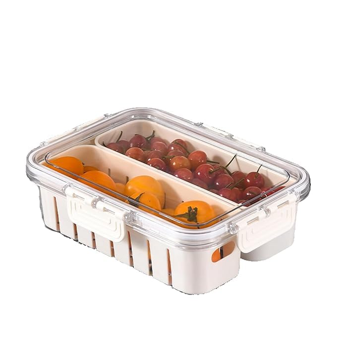 Divided Food Storage Container with Lid, Clear Plastic Fridge Organizer Box with Handle, 2 Compartments (White)