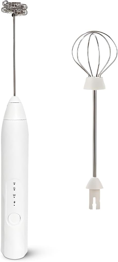 Milk Frother Handheld, 3-Speed USB Adjustable Electric Mixer & Egg Beater – Foam Maker for Coffee, Latte, Cappuccino and Hot Chocolate – Durable Stainless Steel Whisk (White)