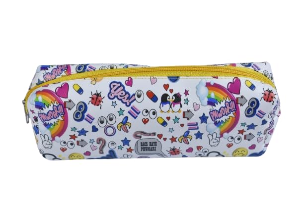 White Pencil Case, Multi-coloured Design with Zipper, 20 cm Storage Pouch for School and Office Supplies