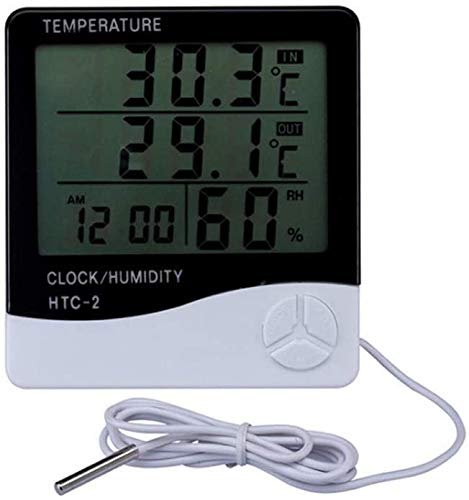 RDN HTC-2 Digital LCD Humidity Meter Temperature Thermometer Clock with Sensor Cable, White