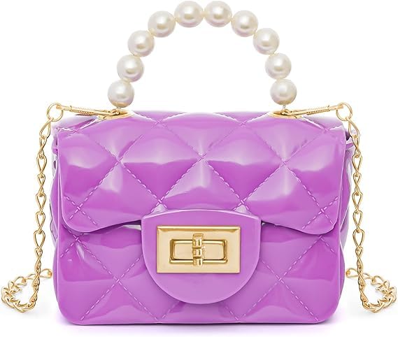 Small Lolly Crossbody Bag for Kids Girls Women Faux PVC Quilted Top Handle with Pearl Gold Chain