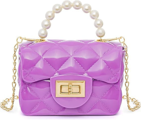 Small Lolly Crossbody Bag for Kids Girls Women Faux PVC Quilted Top Handle with Pearl Gold Chain