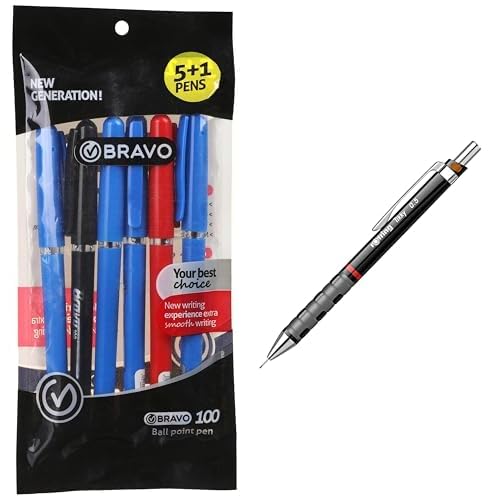 Bravo Stationery Bundle: 100 Ballpoint Pen 6-Pack + Rotring Tikky Grip Mechanical Pencil