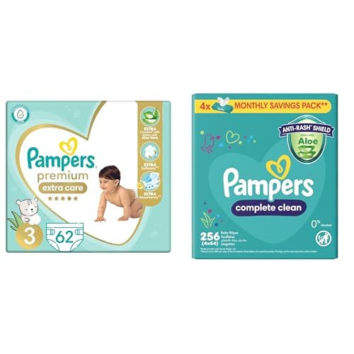 Pampers Premium EXTRA CARE Taped Diapers, Size 3, 6-10 kg, with Lotion with Aloe Vera, 62 Baby Diapers +Wipes