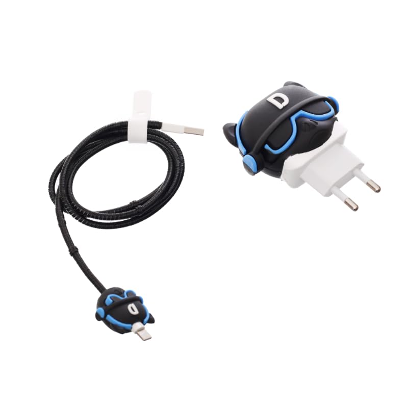 G-Power 4 In 1 3D Silicone Charger And Cable Protective Kit With Anti-Tangle Cartoon Character Design Compatible All Chargers Set Of 4 Pieces - Black Blue