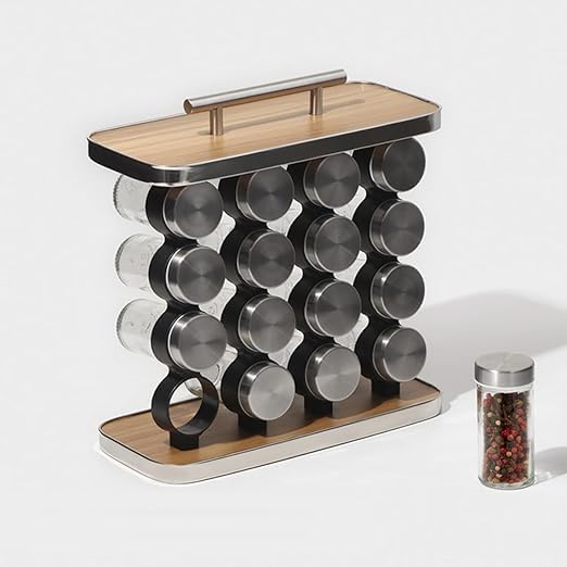 Spices jar set with rack, spices jar organizer, kitchen organizer spices jar, 16 Jar Spice Set with Stand - Glass Jars with Stainless Steel Lids (Rectangle)