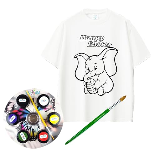 Happy Easter White T-Shirt Colour-In with Fabric Paints and Brush, Easter Size (S).."