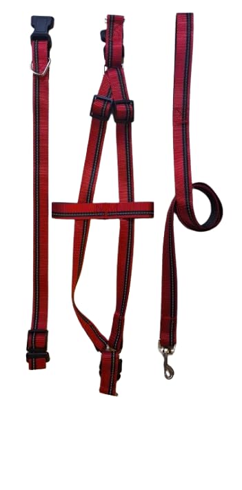 3-in-1 Kit Reflective Adjustable (Matching Leash, Collar, Harness) For Dogs (Red, Small and Meduim breed)