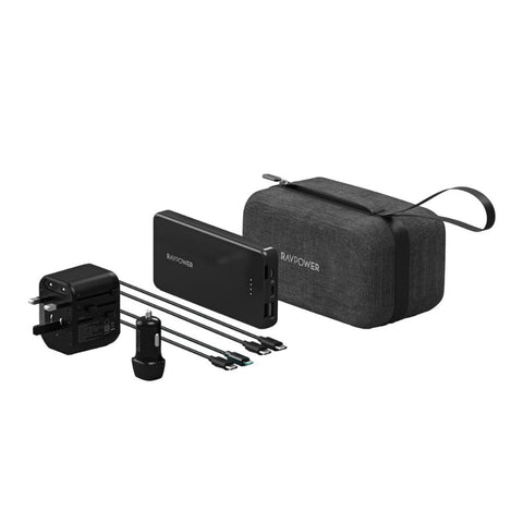 RAVPower PB1231 5-in-1 Travel Charging Combo – 10000mAh Power Bank, 20W PD 3-Port Wall Charger, 20W USB-C Car Charger, USB-C to Lightning & Type-C Cable, Travel Pouch - Black | 18-Month Warranty
