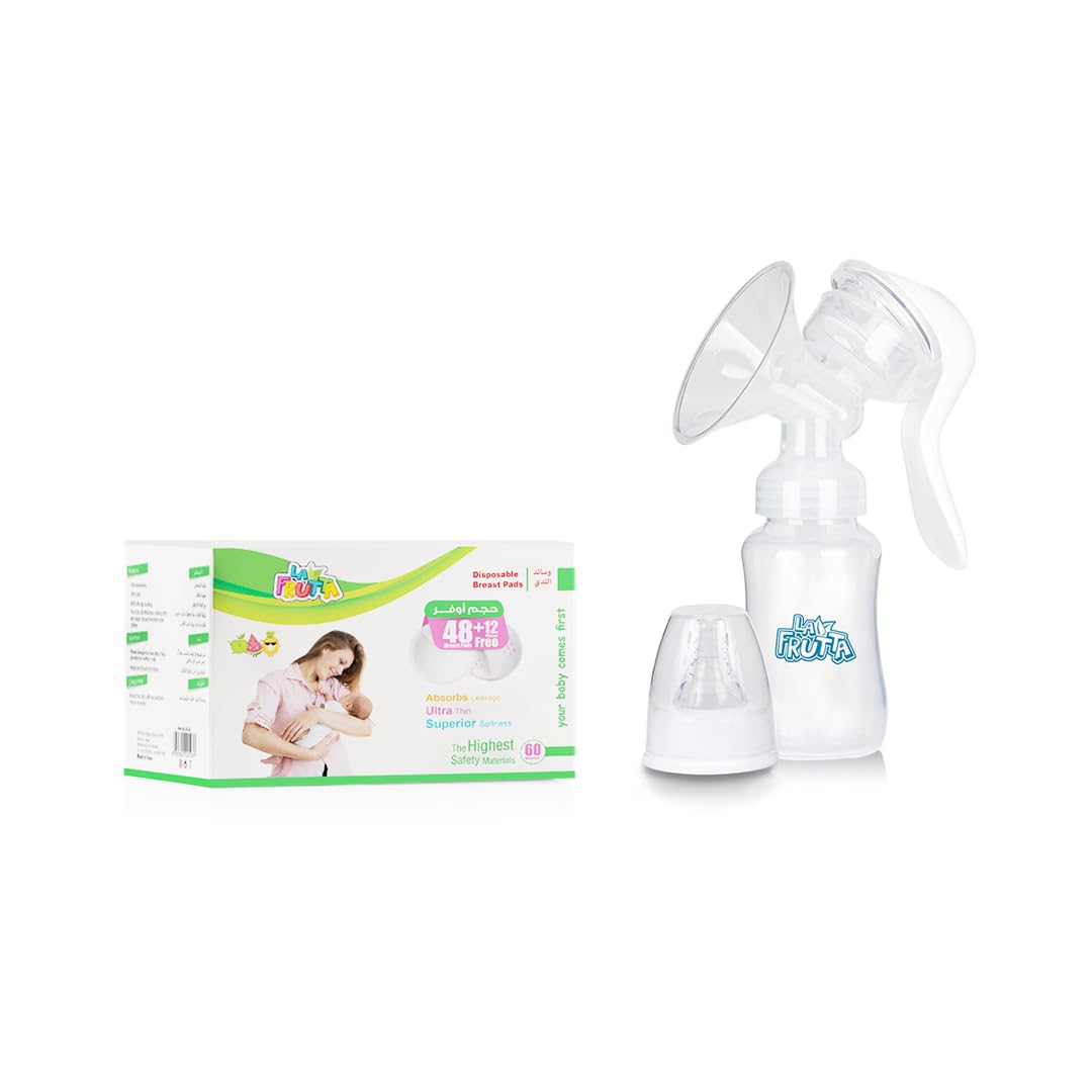 La Frutta (New Regular Neck Manual Breast Milk Pump + 150 ml Bottle Silicone Nipple + 60 Pcs Breast Pads) Blue
